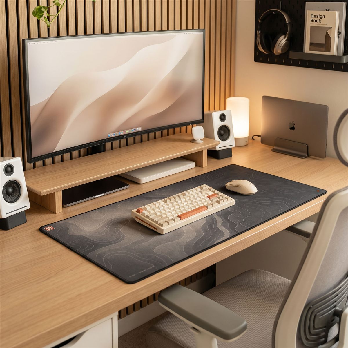 A designed desk setup built around a BACKSTOCK desk mat
