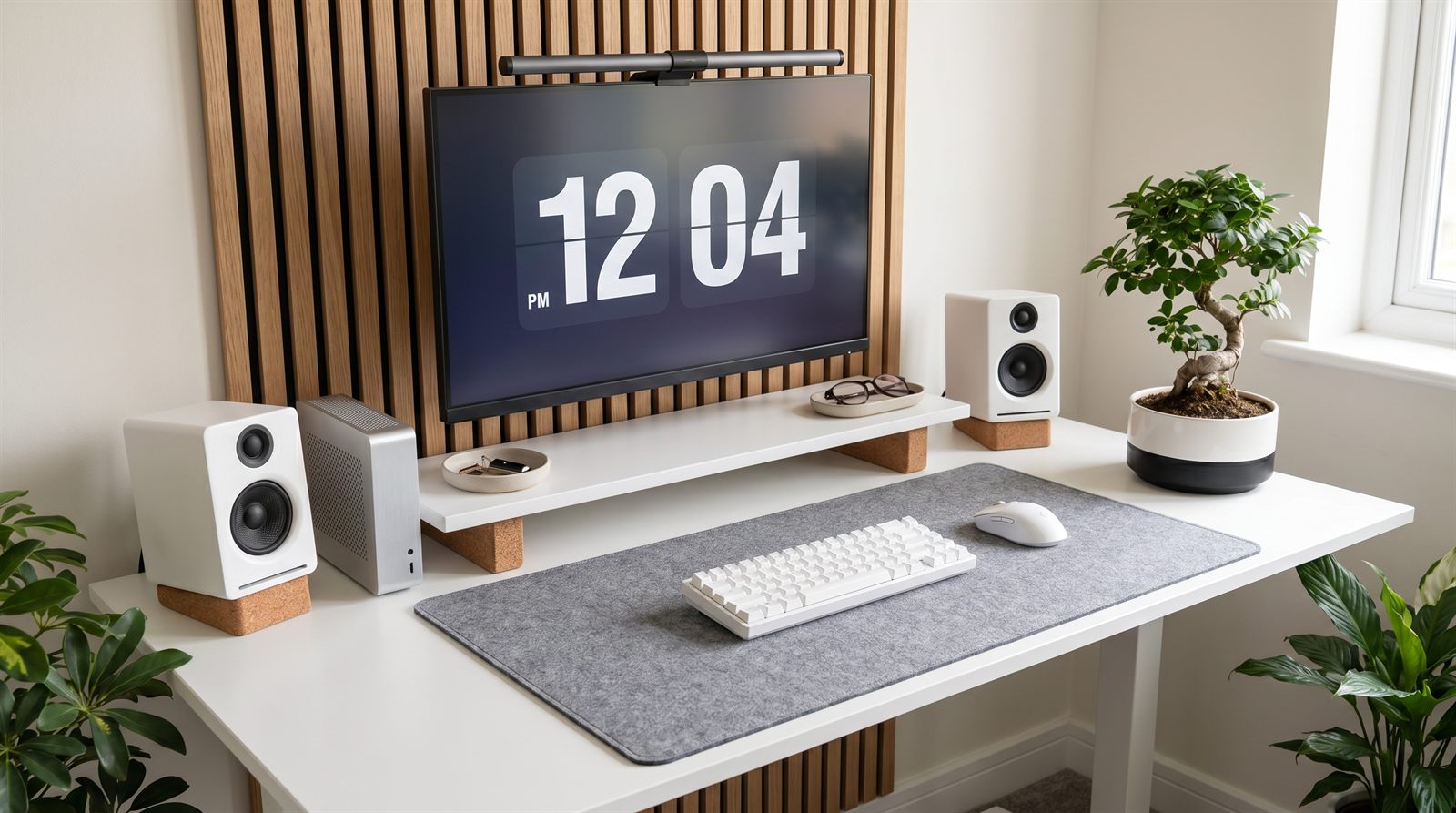 BACKSTOCK Classic felt grey desk mat on a clean white minimalist WFH desk