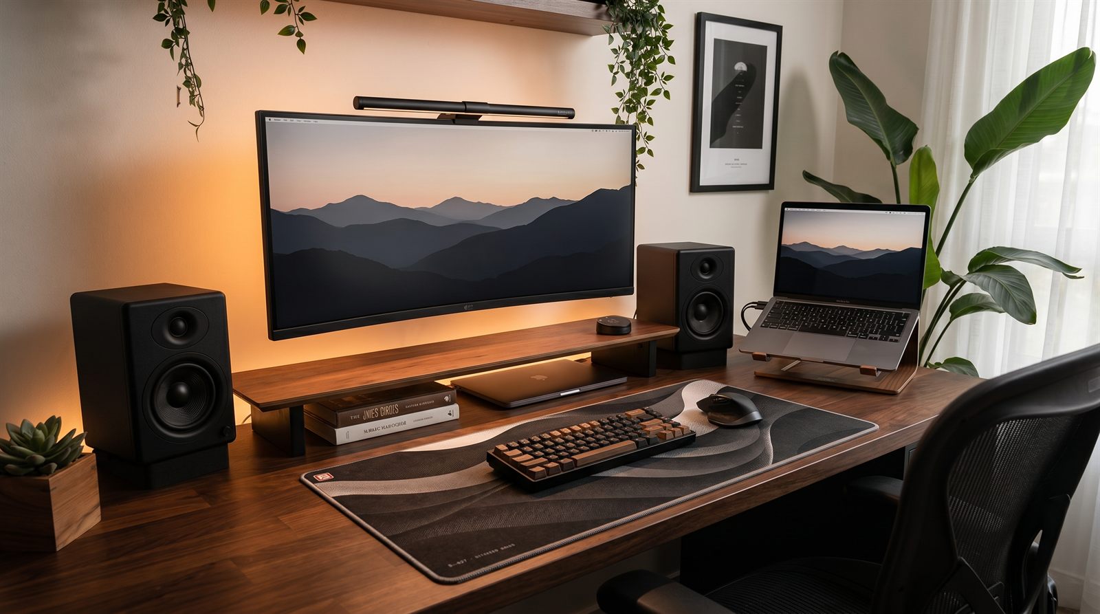 BACKSTOCK Signature wave-print desk mat on a walnut desk setup with an ultrawide monitor