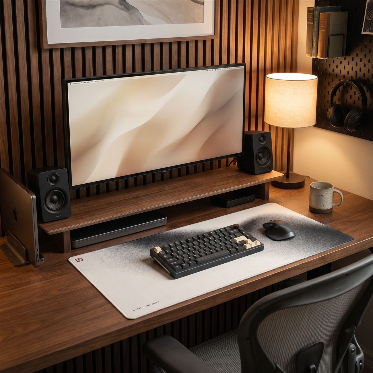 A designed home-office desk setup with a BACKSTOCK desk mat anchoring the surface
