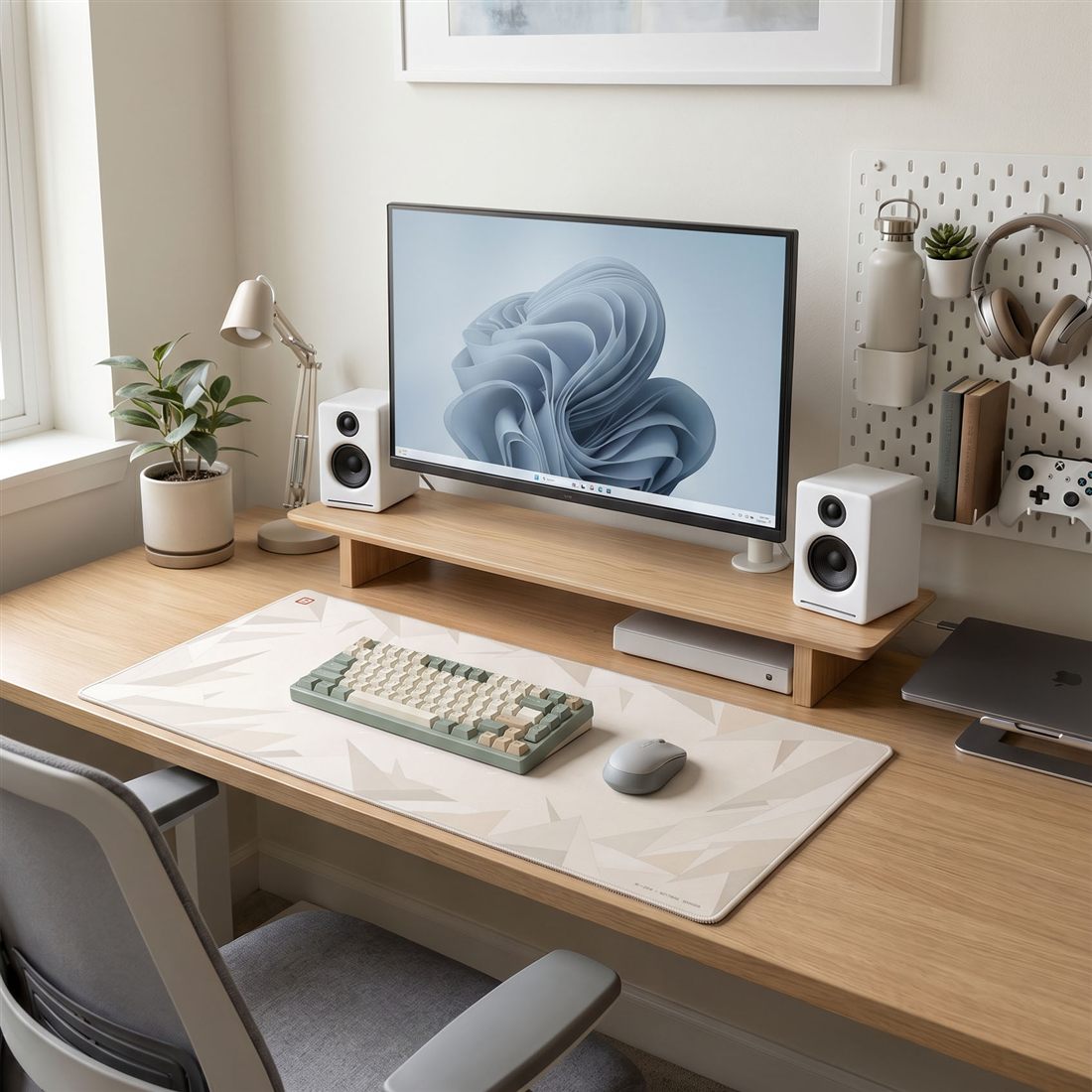 Warm timber sit-stand desk chosen as the foundation of a designed setup