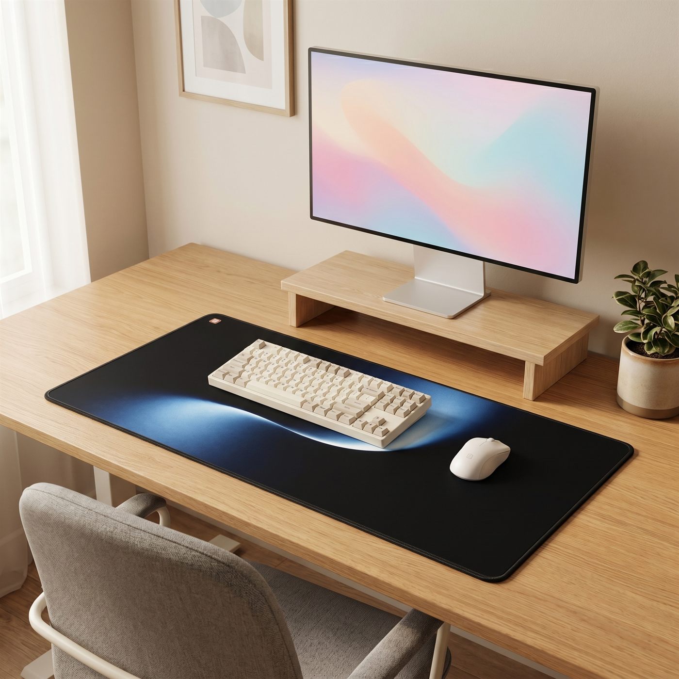 BACKSTOCK blue wave desk mat on an oak desk setup