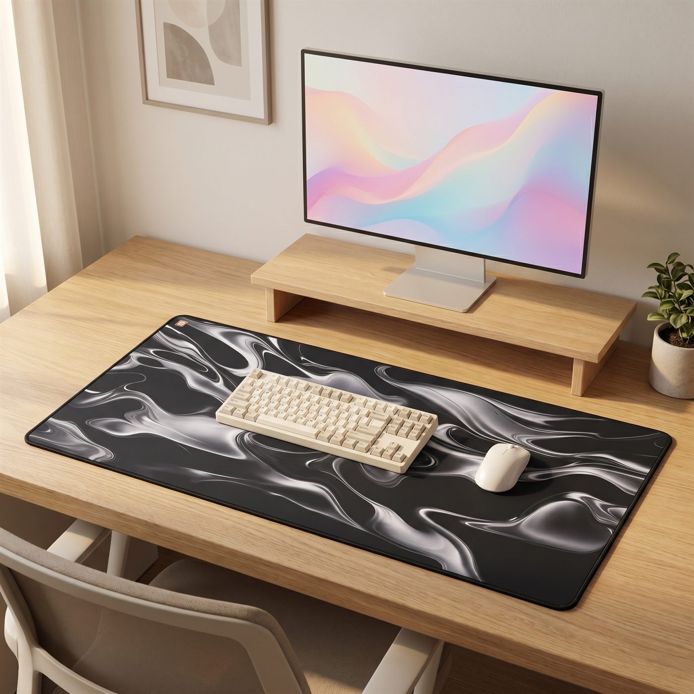 BACKSTOCK Liquid Black marble desk mat styled on an oak desk setup