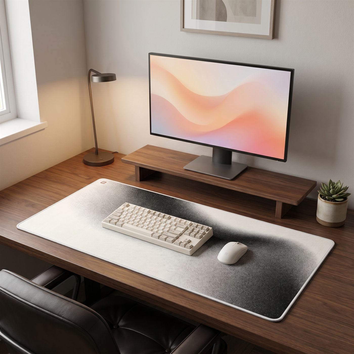 BACKSTOCK light gradient desk mat on a warm oak desk setup